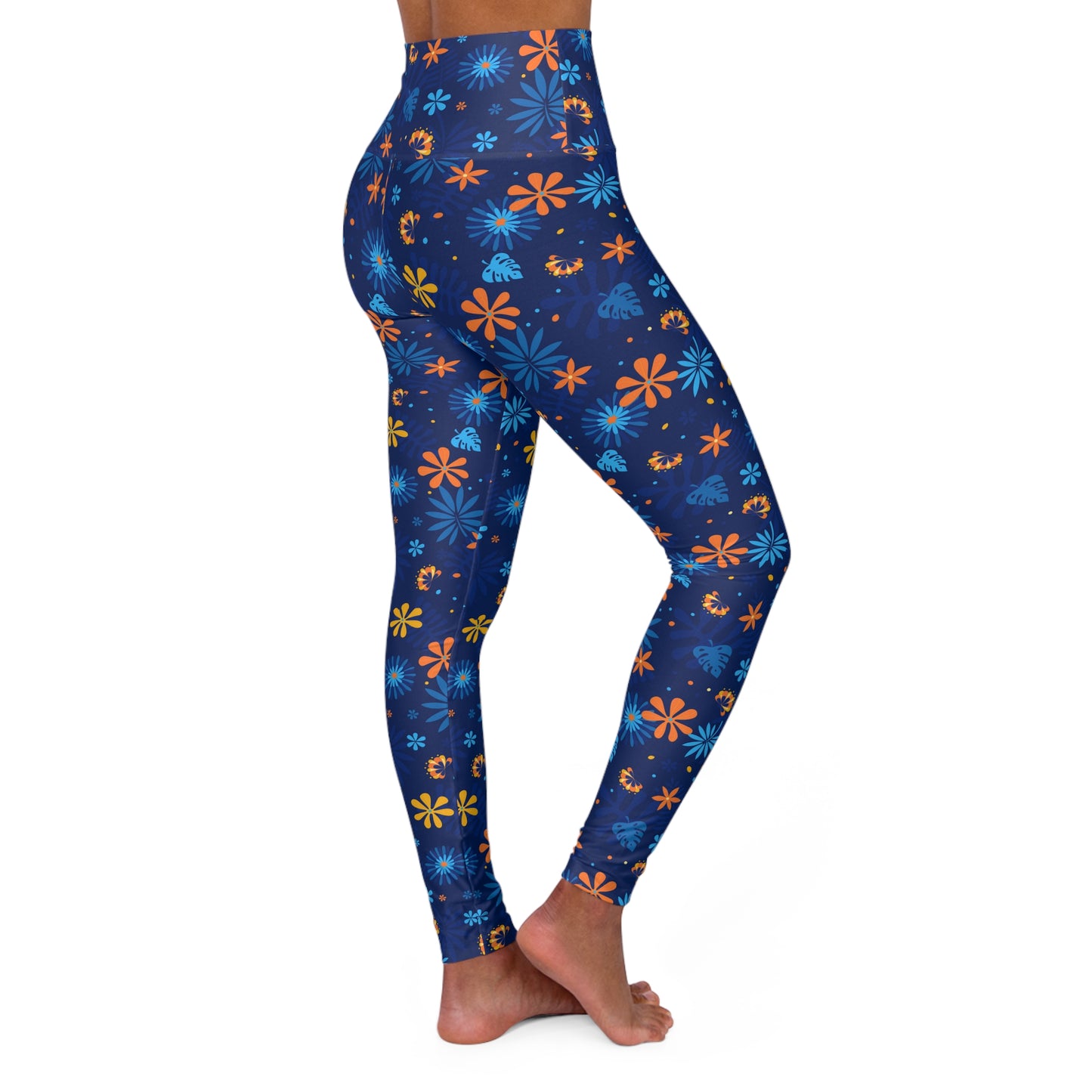 Blue Floral High-Waisted Yoga Leggings — Women's Spring Botanical Workout Tights