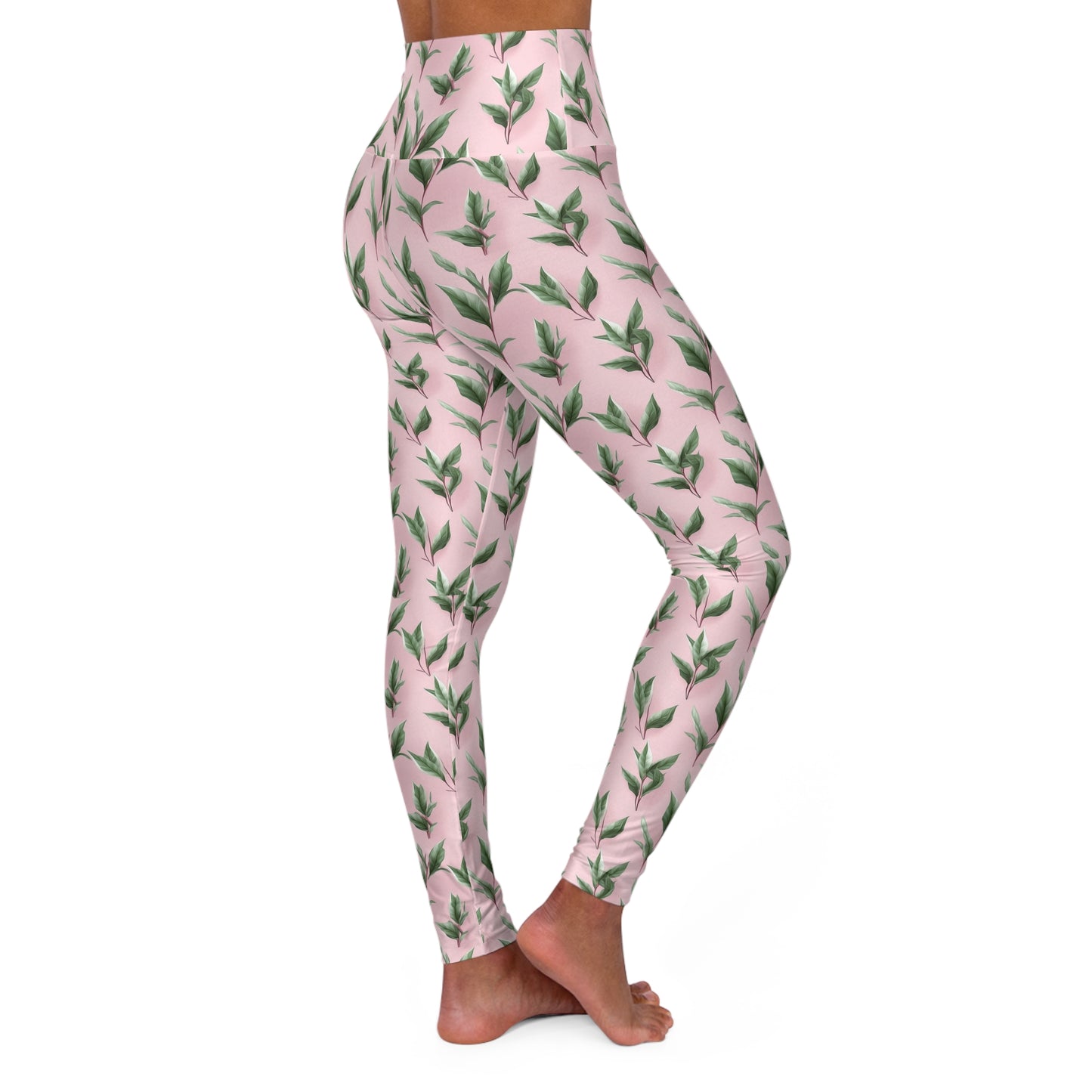 Botanical Green Leaves High-Waist Yoga Leggings — Pink Accent Athletic Pants