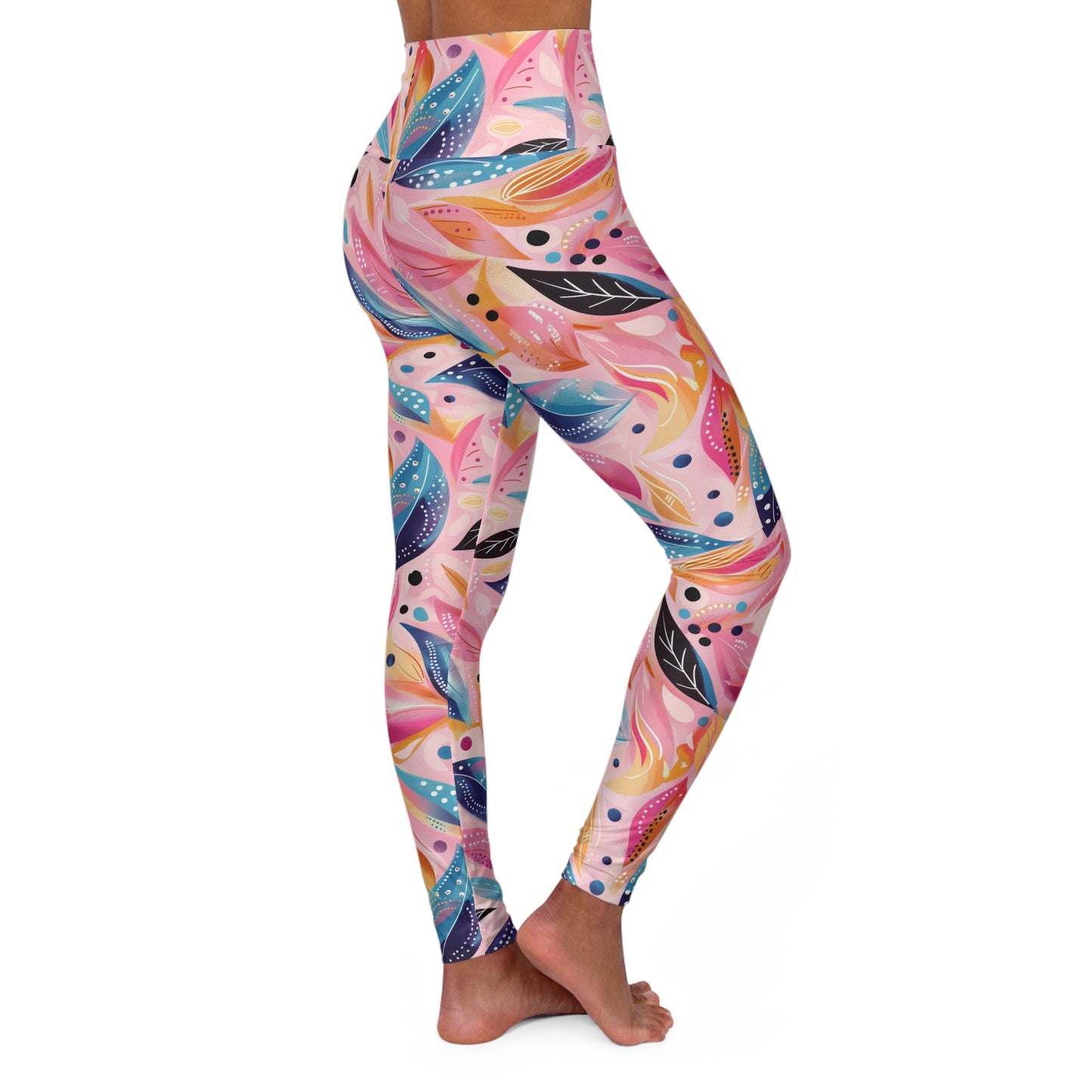 Blue Leaves and Dots Yoga Leggings | High Waisted Leggings