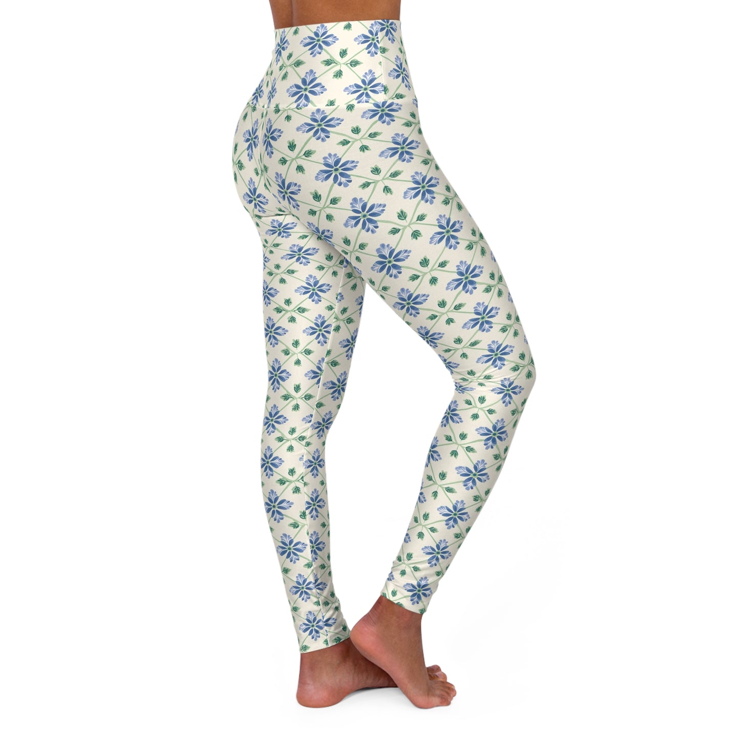 Blue Floral High-Waisted Yoga Leggings — Stretchy Women's Workout & Fitness Pants
