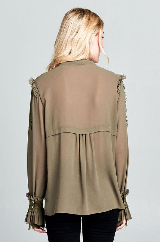 Sheer Long Sleeve Lace Trimmed Army Green Blouse - Touch Me Textures