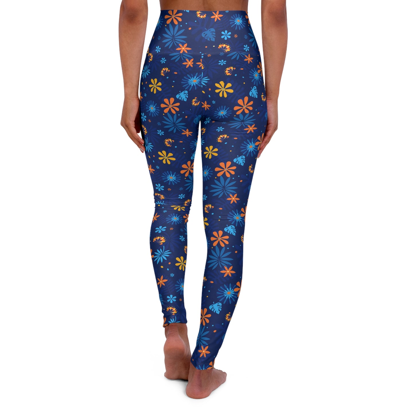 Blue Floral High-Waisted Yoga Leggings — Women's Spring Botanical Workout Tights