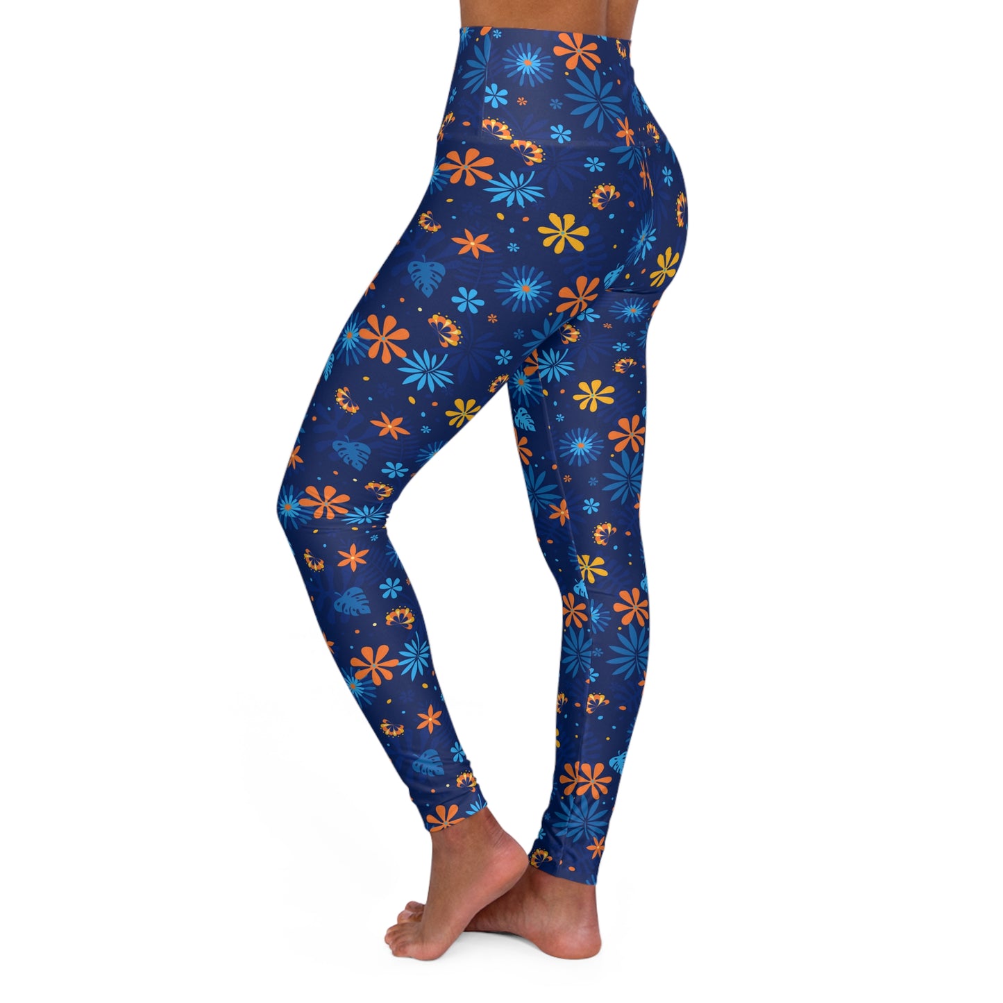 Blue Floral High-Waisted Yoga Leggings — Women's Spring Botanical Workout Tights