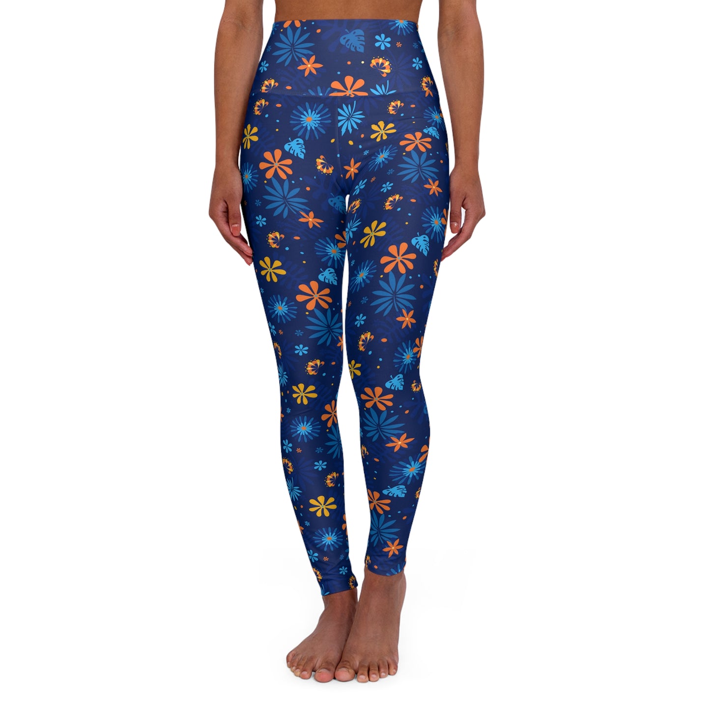 Blue Floral High-Waisted Yoga Leggings — Women's Spring Botanical Workout Tights