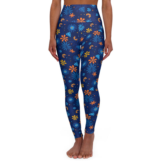 Blue Floral High-Waisted Yoga Leggings — Women's Spring Botanical Workout Tights