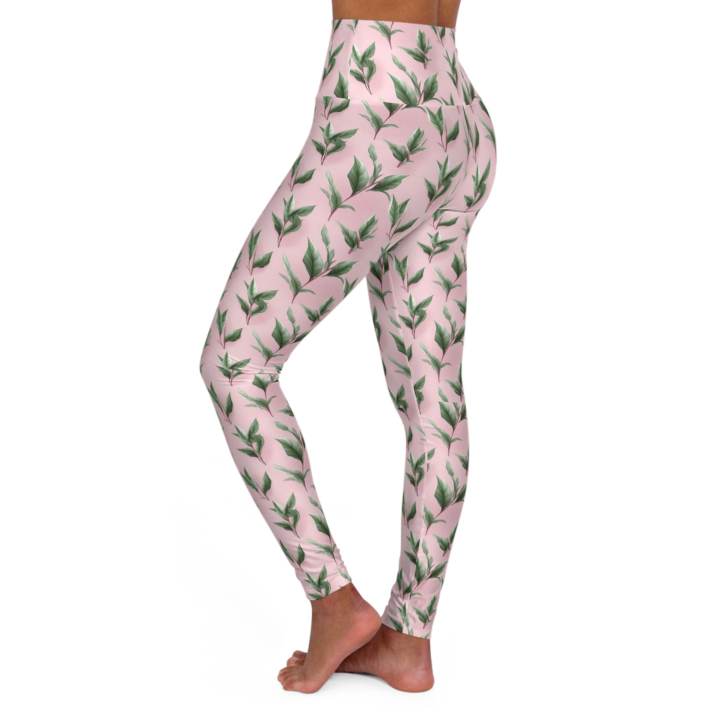 Botanical Green Leaves High-Waist Yoga Leggings — Pink Accent Athletic Pants