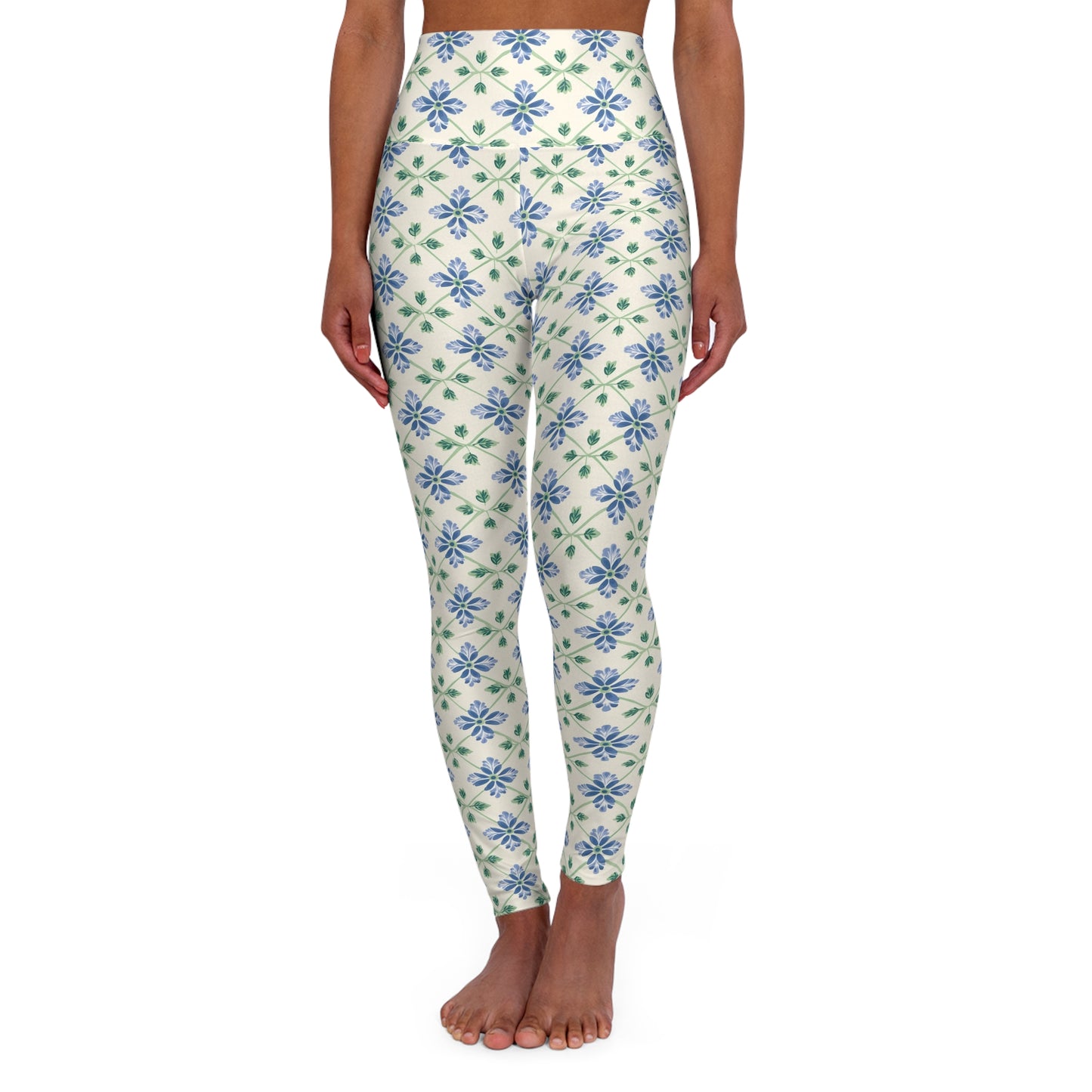 Blue Floral High-Waisted Yoga Leggings — Stretchy Women's Workout & Fitness Pants