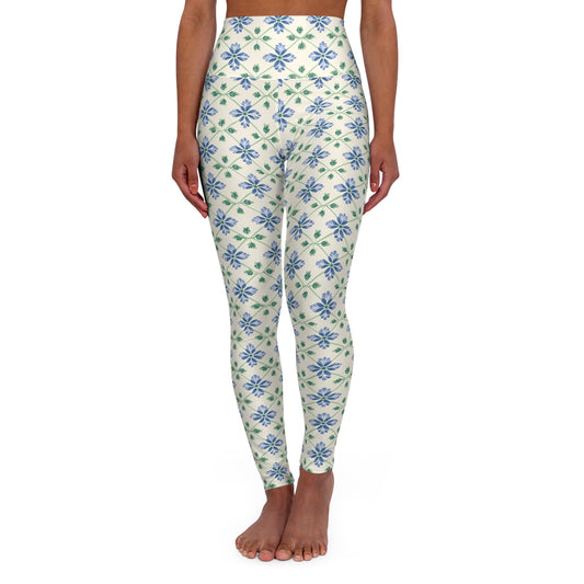 Blue Floral High-Waisted Yoga Leggings — Stretchy Women's Workout & Fitness Pants
