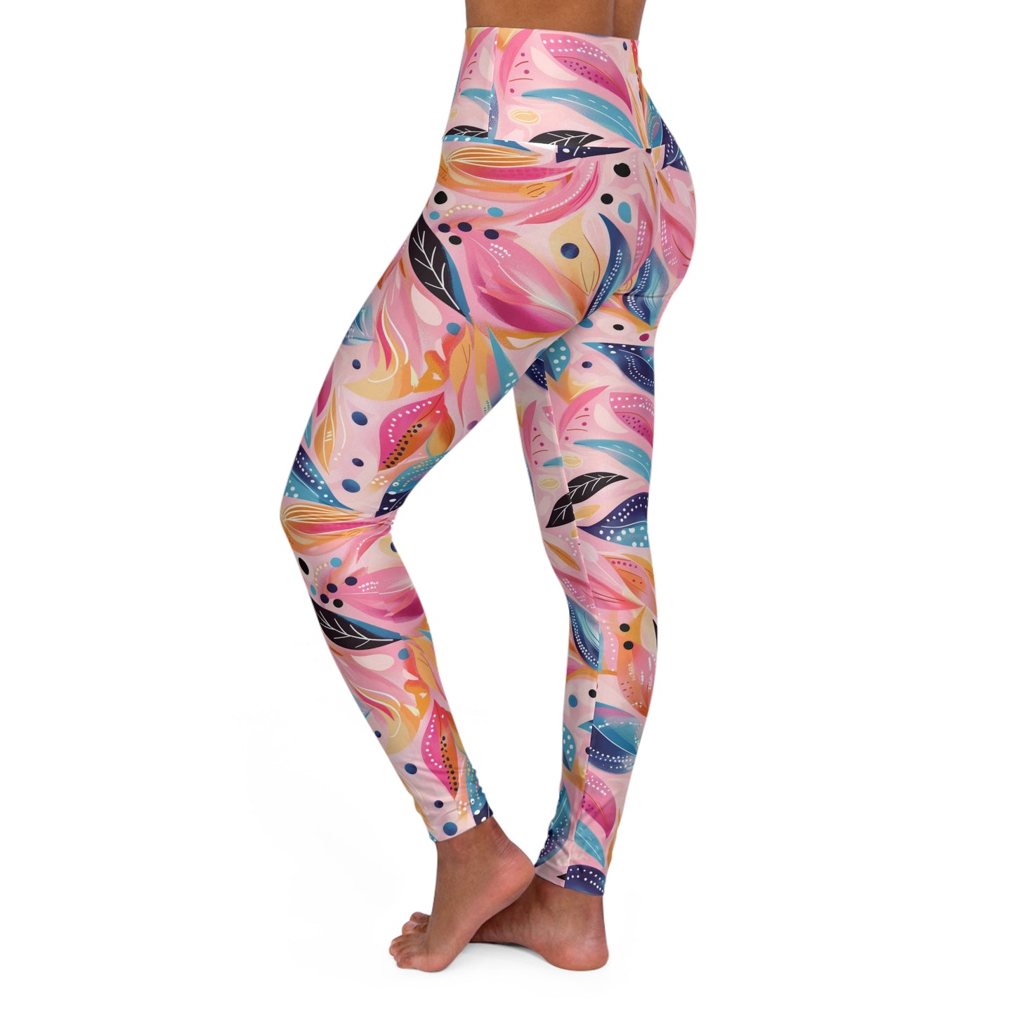 Blue Leaves and Dots Yoga Leggings | High Waisted Leggings