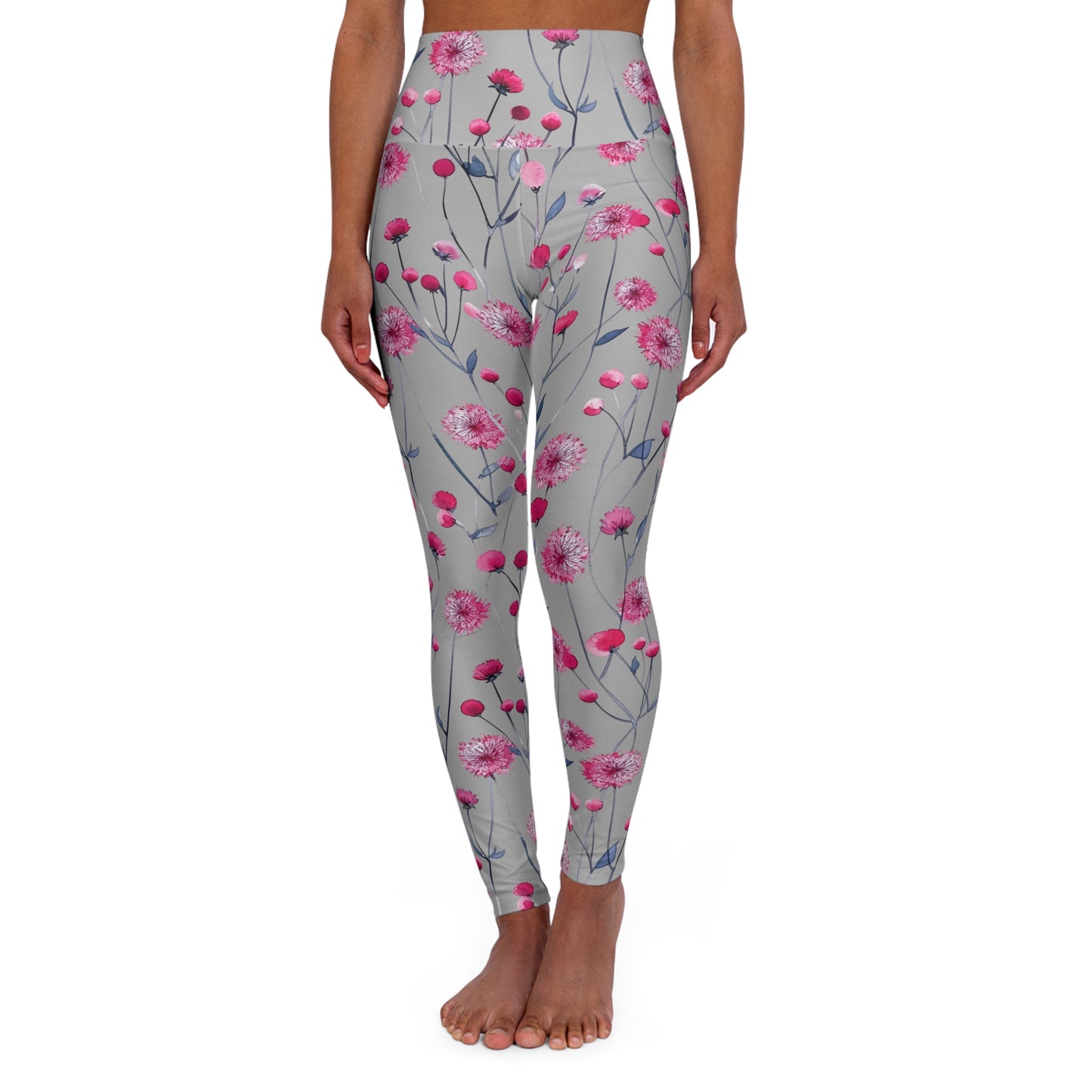 Pink Dandelion High-Waisted Yoga Leggings — Floral Activewear Tights