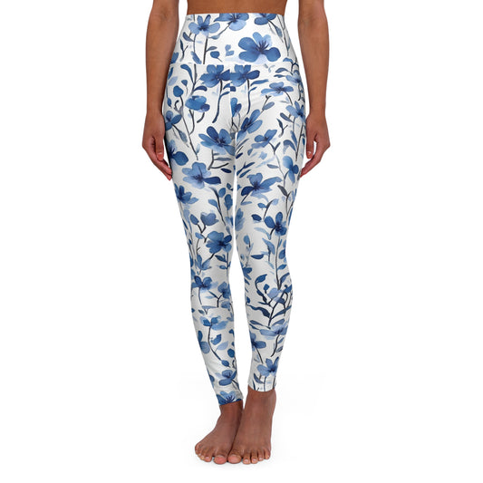Blue Floral High-Waisted Yoga Leggings — Floral Print Activewear
