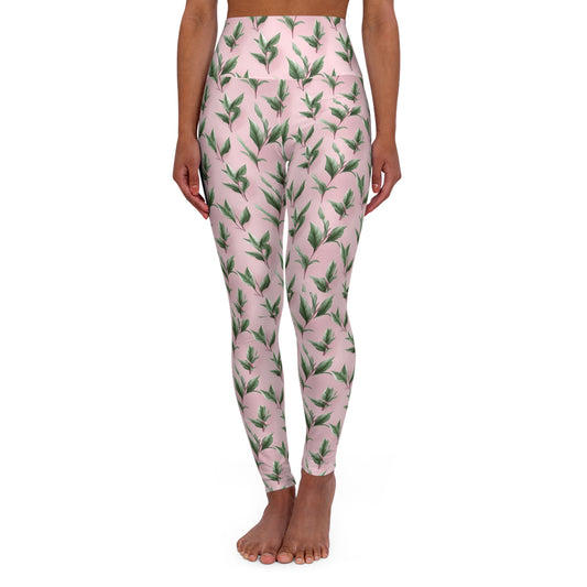 Botanical Green Leaves High-Waist Yoga Leggings — Pink Accent Athletic Pants
