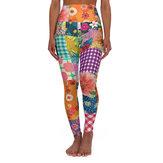 Plaid Patchwork High-Waisted Yoga Leggings — Cottagecore Bright Print Workout Tights