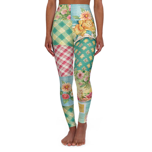 Yoga Leggings - Plaid Cottagecore Patchwork High Waisted Boho Athletic Bottoms