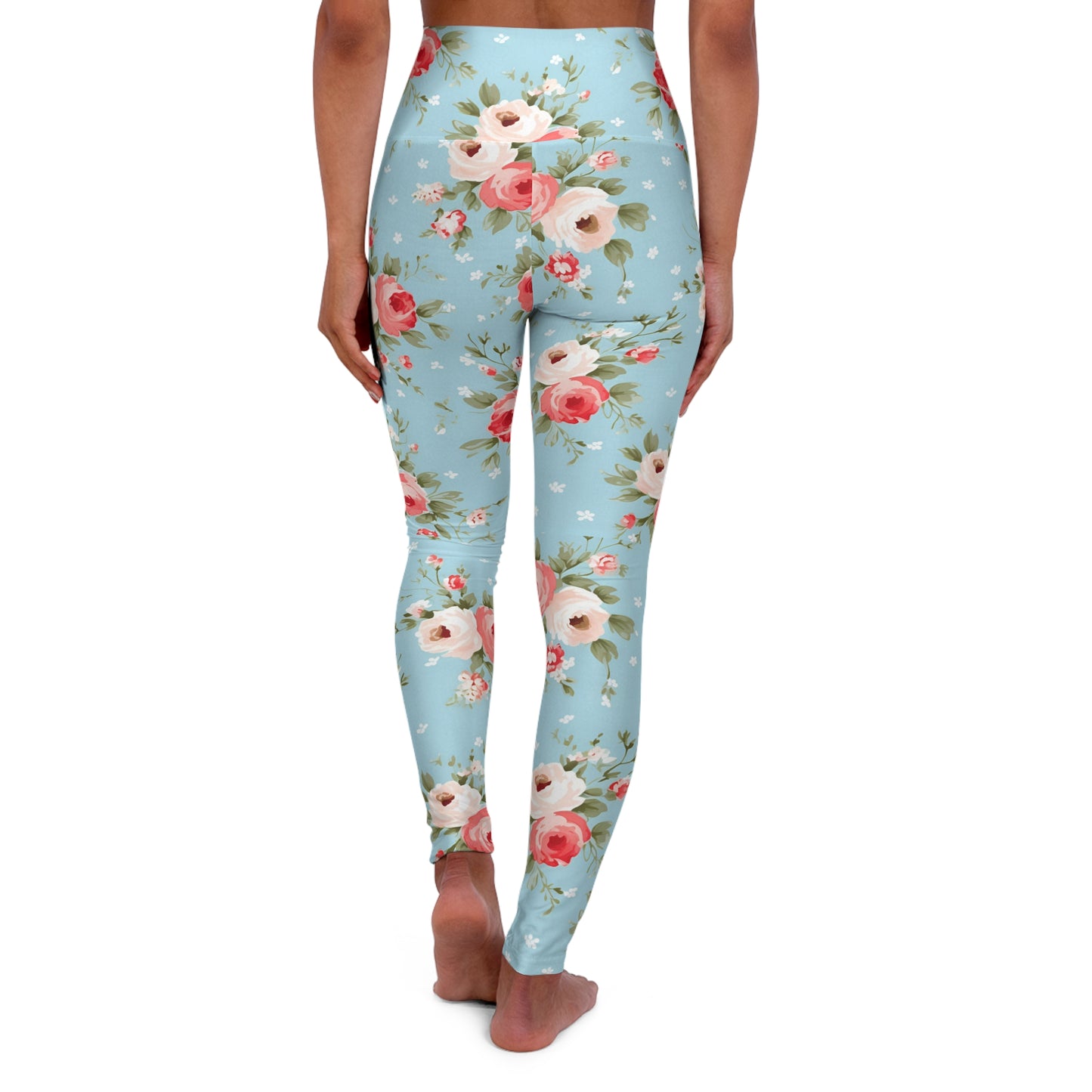 Floral High-Waist Yoga Leggings — Pink & White Rose Print