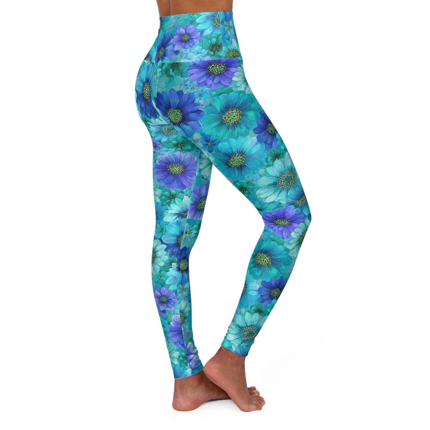 Floral High Waisted Yoga Leggings — Blue & Purple Daisy Activewear