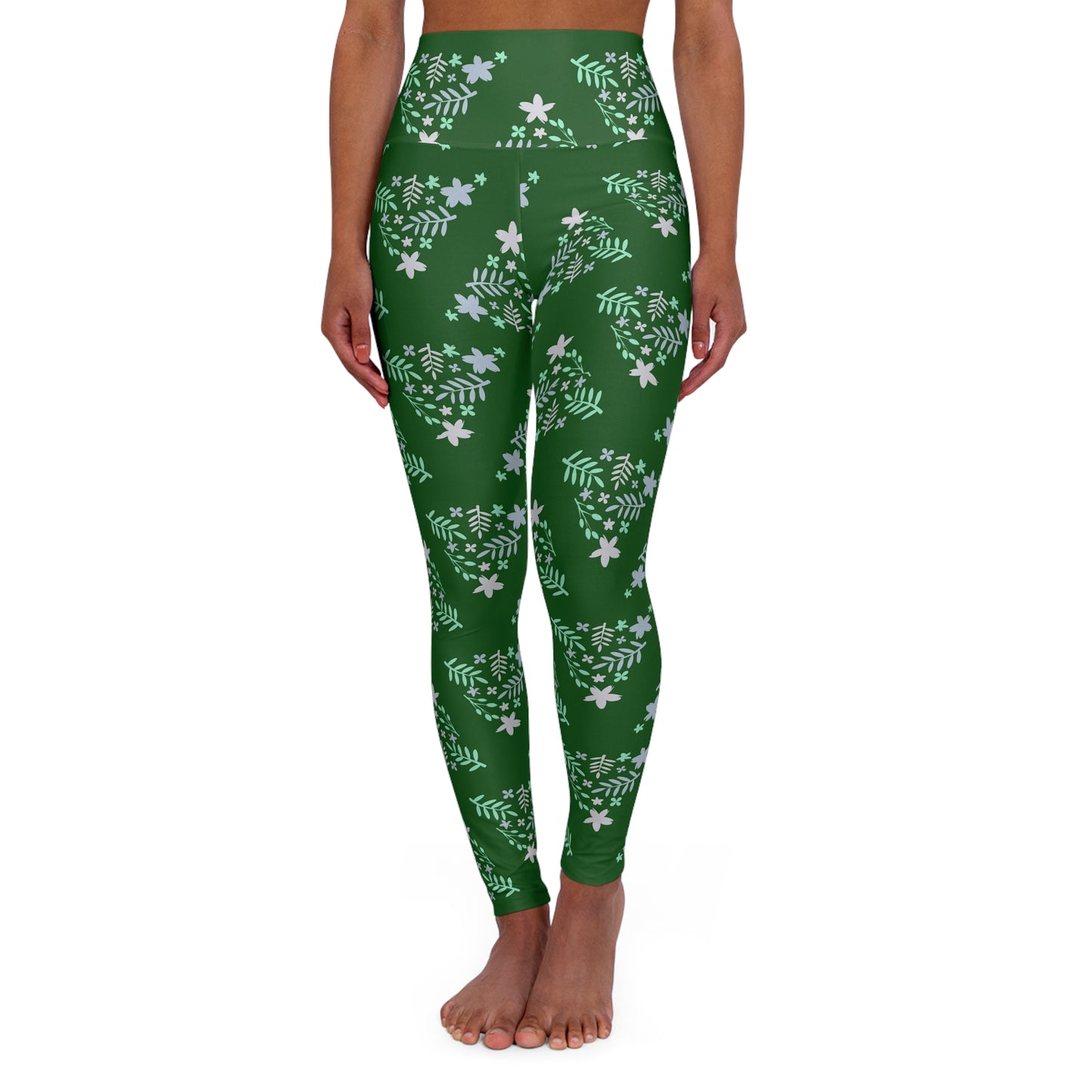 Floral Green High‑Waist Yoga Leggings — Boho Activewear Workout Pants