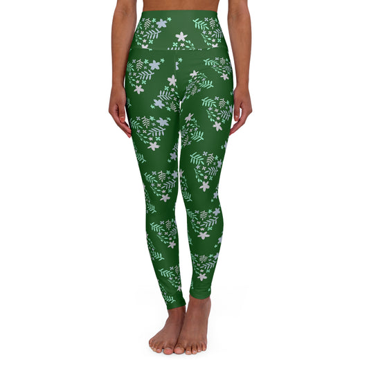 Floral Green High‑Waist Yoga Leggings — Boho Activewear Workout Pants
