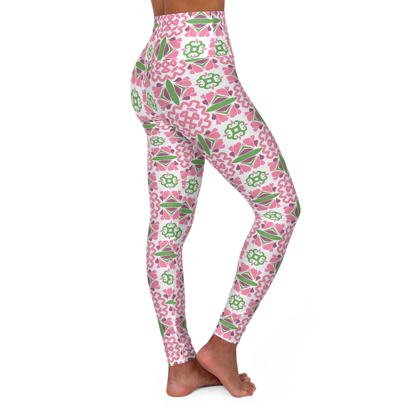 Abstract Pink Purple Green High-Waisted Yoga Leggings — Women's Stretchy Workout Tights