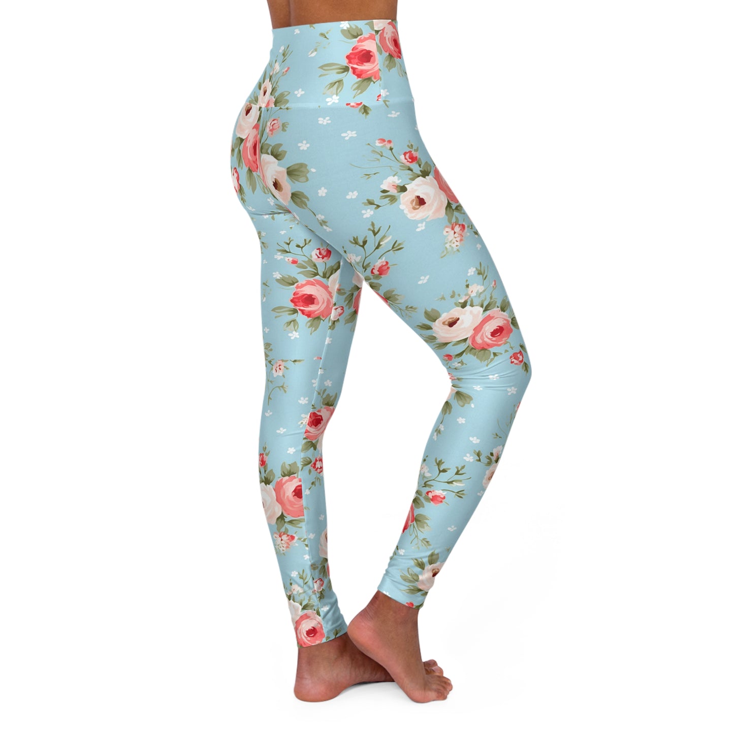 Floral High-Waist Yoga Leggings — Pink & White Rose Print