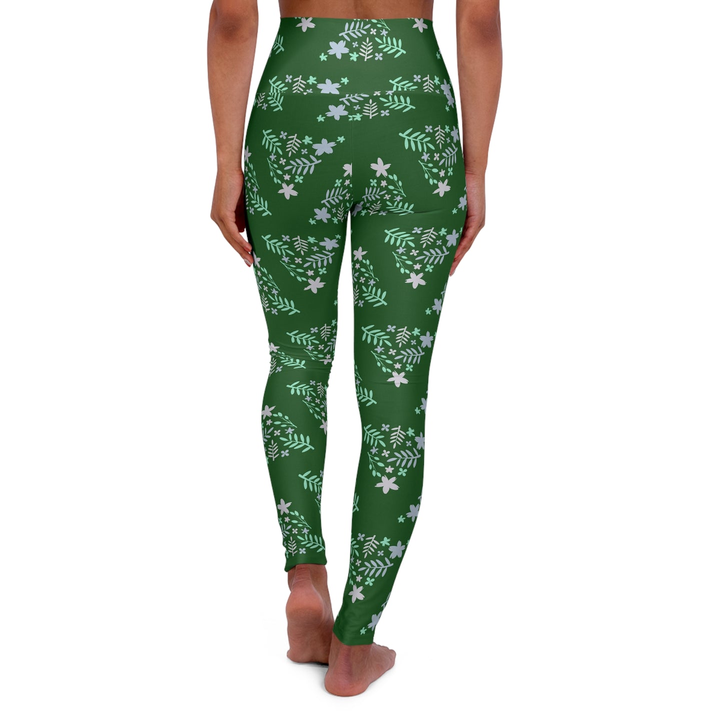 Floral Green High‑Waist Yoga Leggings — Boho Activewear Workout Pants