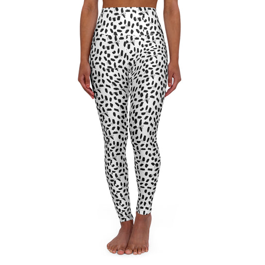 High-Waisted Yoga Leggings — Black & White Paintstrokes All-Over Print