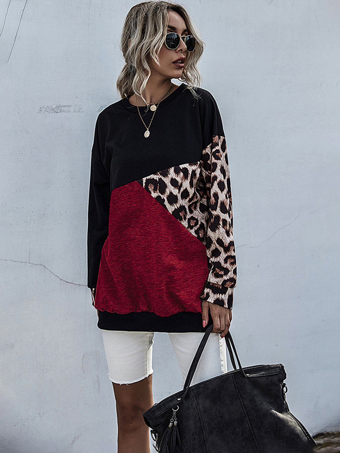 Perfee Leopard Contrast Long Sleeve Sweatshirt