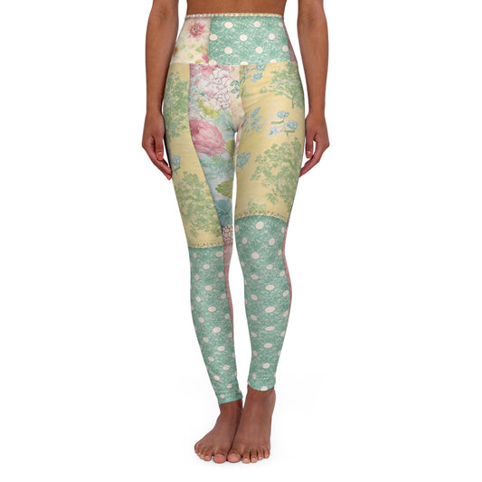 Pastel Cottagecore High-Waisted Yoga Leggings — Patchwork Boho Athleisure