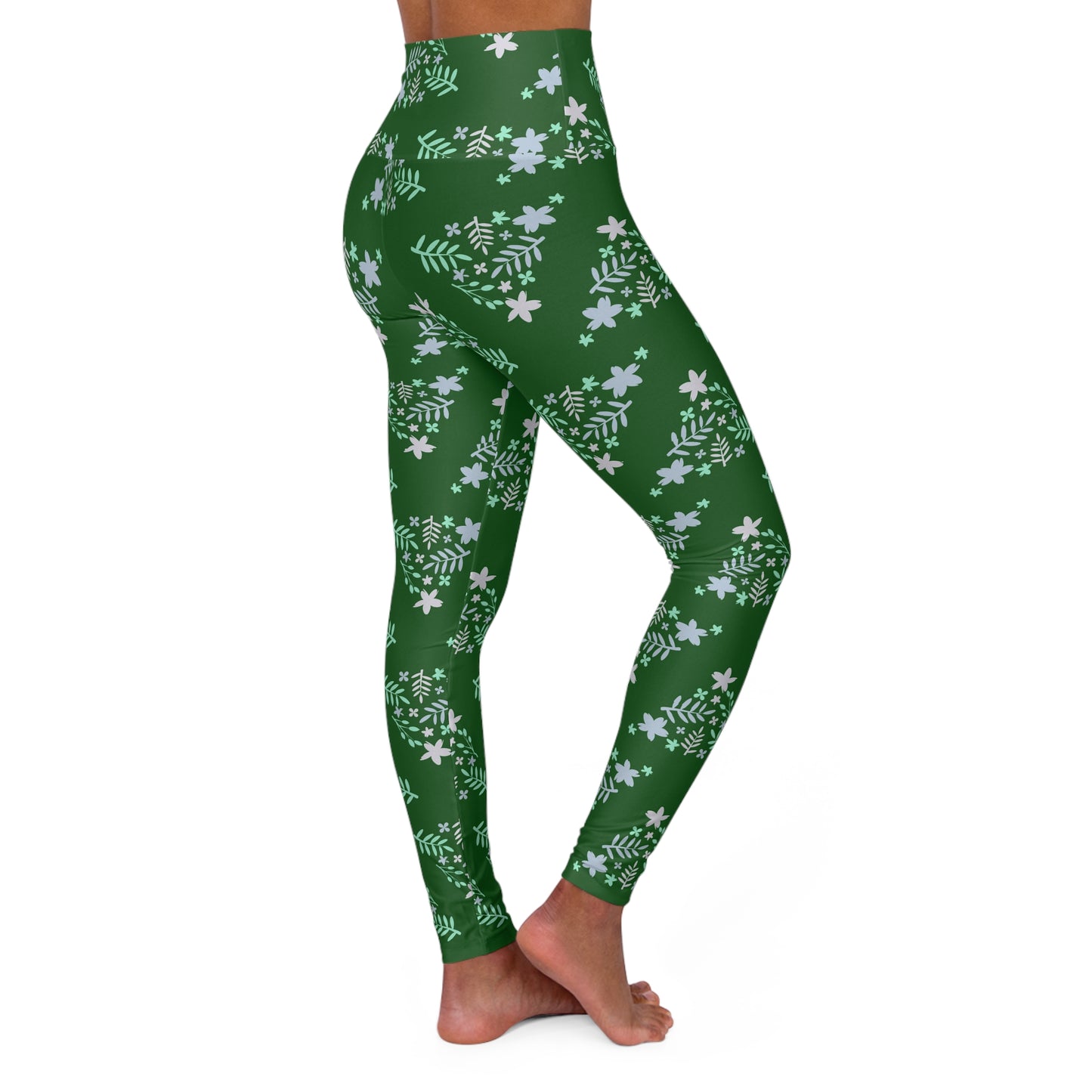 Floral Green High‑Waist Yoga Leggings — Boho Activewear Workout Pants