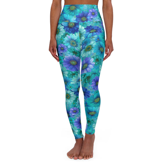 Floral High Waisted Yoga Leggings — Blue & Purple Daisy Activewear