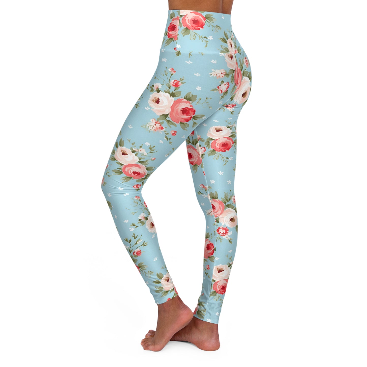 Floral High-Waist Yoga Leggings — Pink & White Rose Print