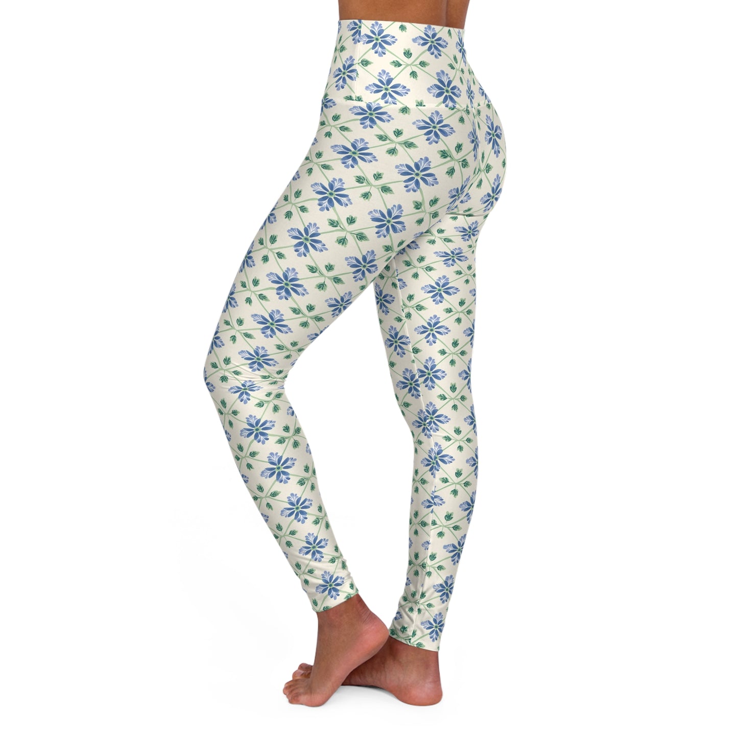 Blue Floral High-Waisted Yoga Leggings — Stretchy Women's Workout & Fitness Pants