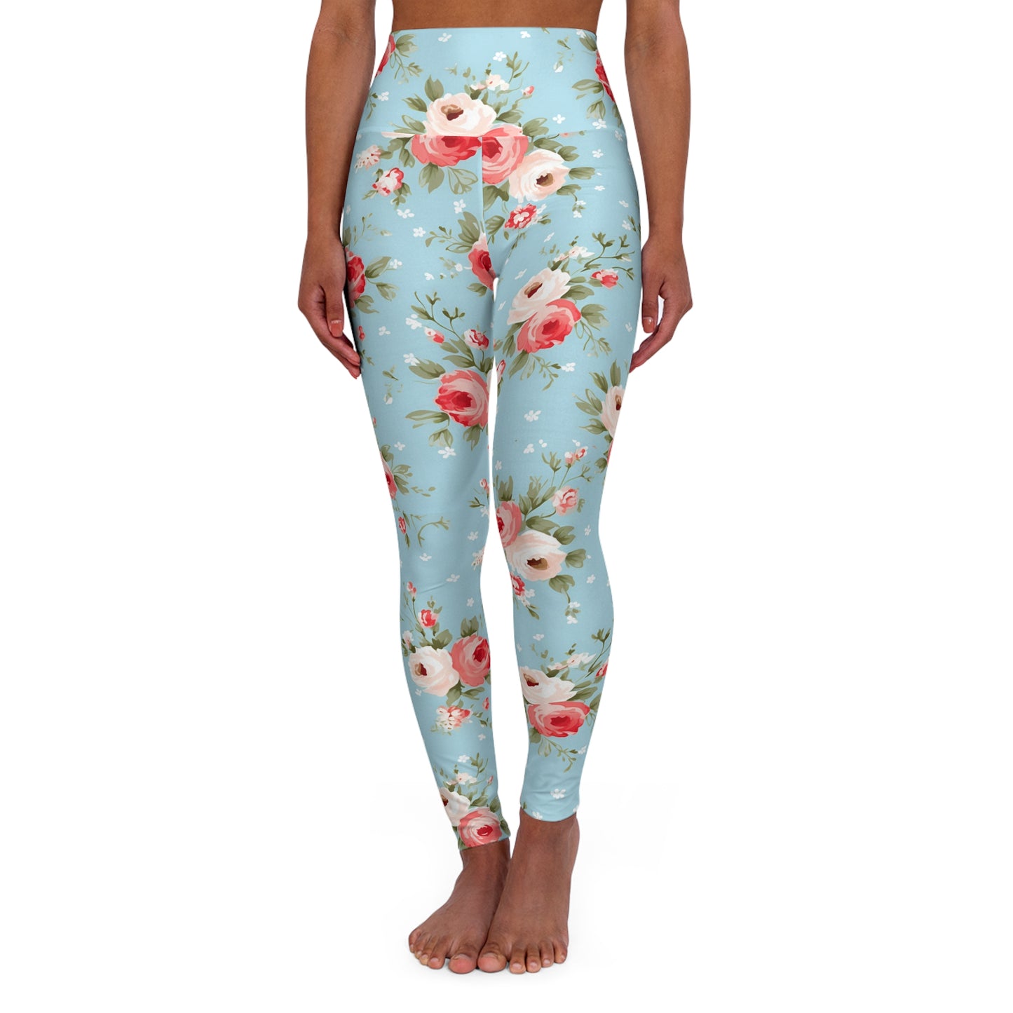 Floral High-Waist Yoga Leggings — Pink & White Rose Print