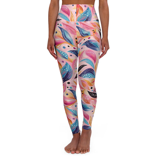 Blue Leaves and Dots Yoga Leggings | High Waisted Leggings