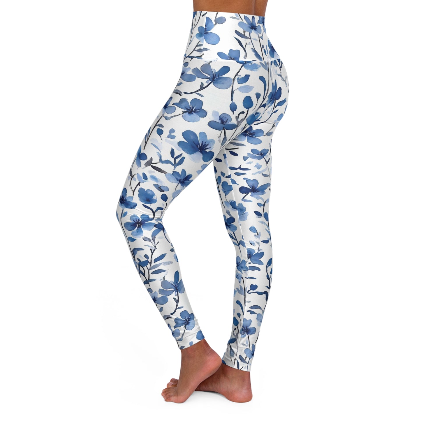 Blue Floral High-Waisted Yoga Leggings — Floral Print Activewear