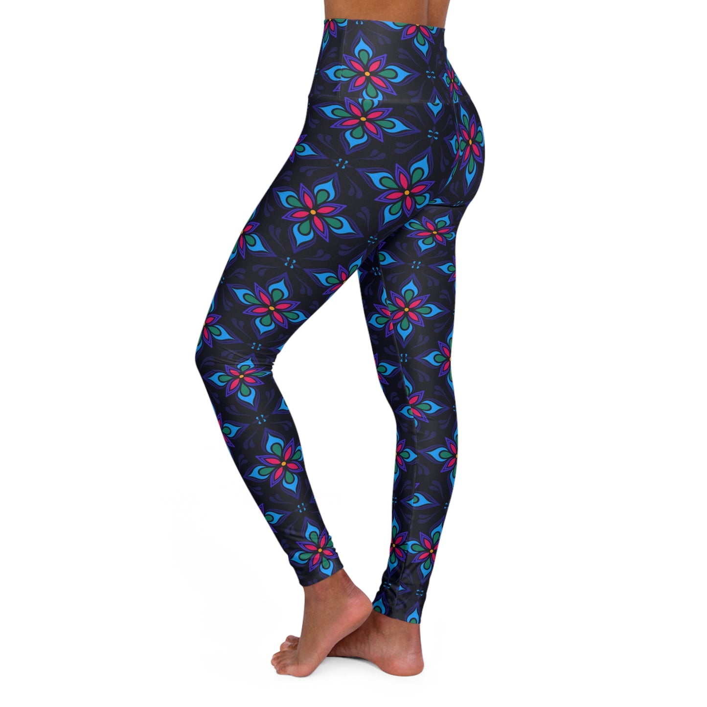Floral High-Waist Yoga Leggings — Green Botanical Print Fitness Tights