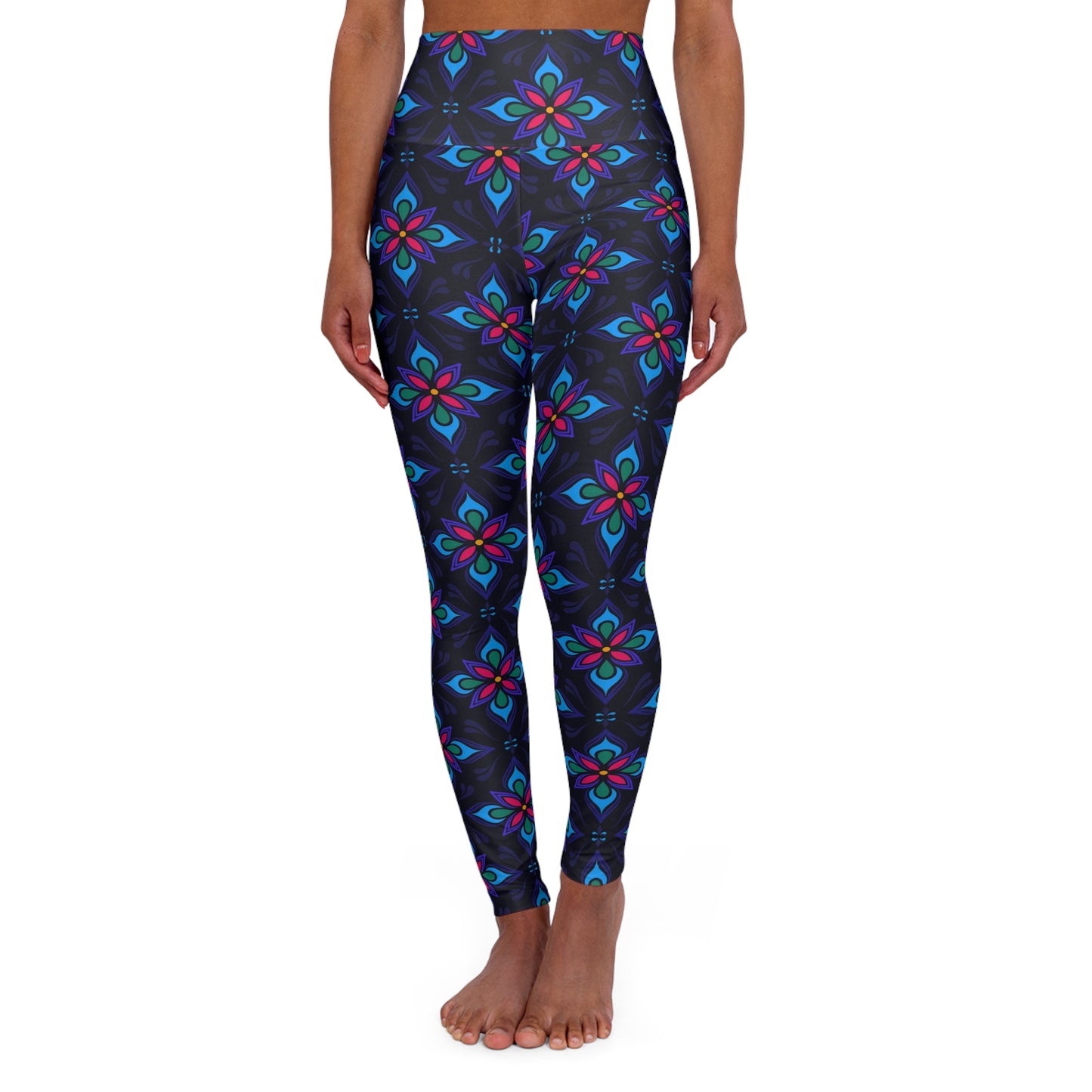 Floral High-Waist Yoga Leggings — Green Botanical Print Fitness Tights