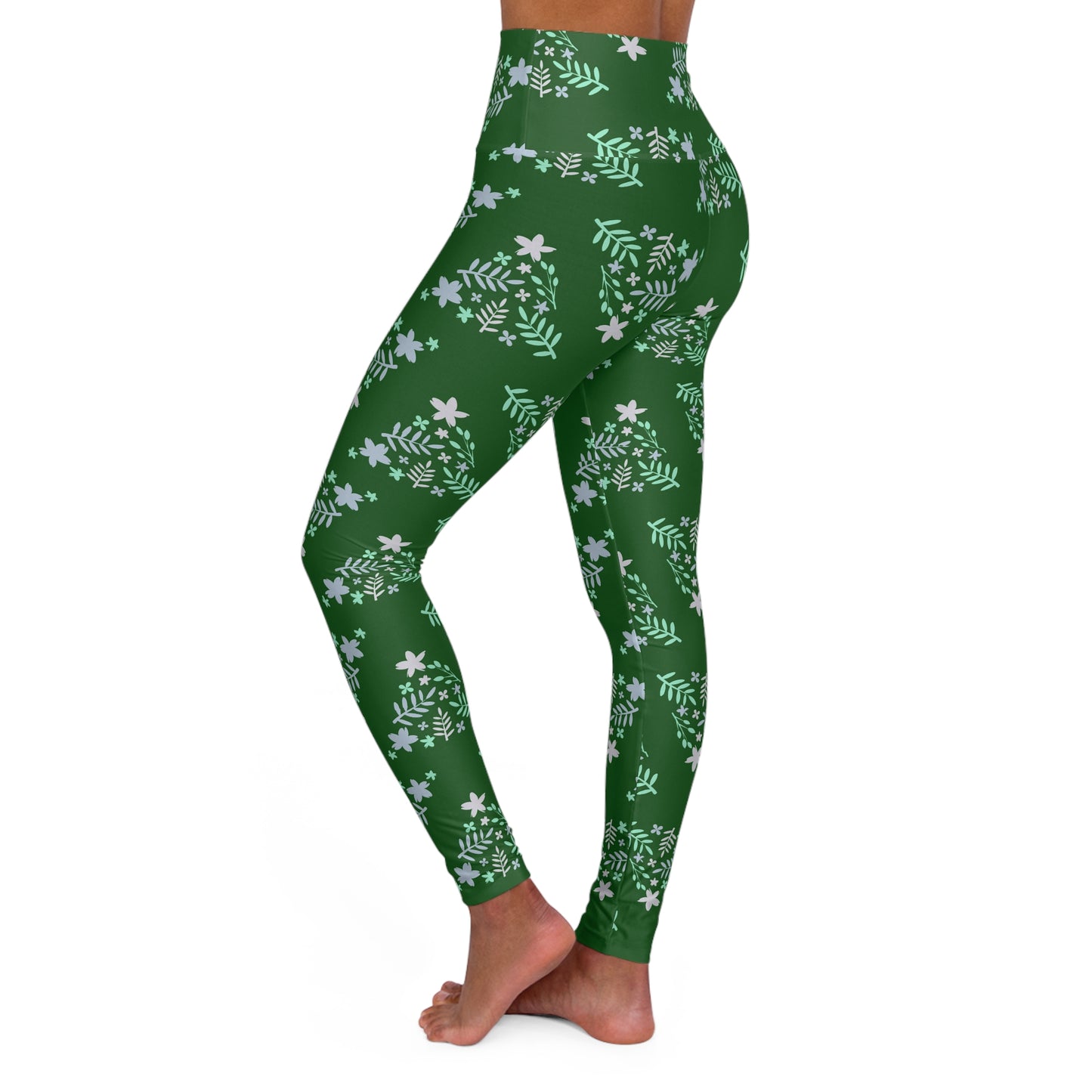 Floral Green High‑Waist Yoga Leggings — Boho Activewear Workout Pants